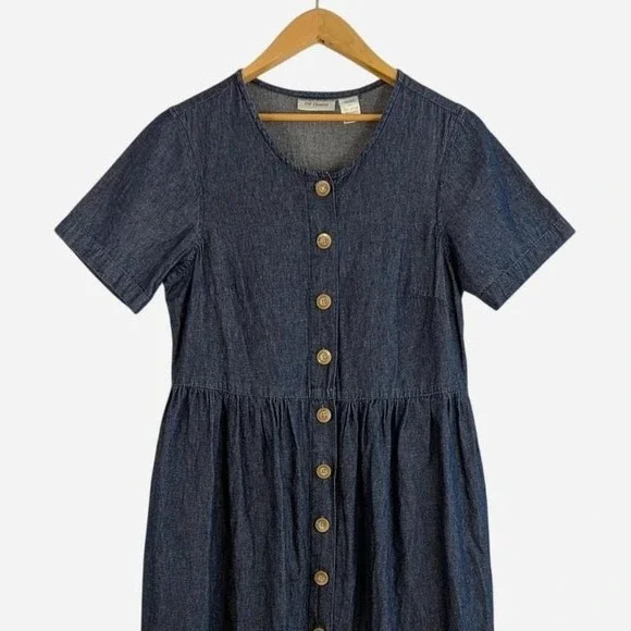 Vintage 90s CW Classics Dark Wash Denim Button Front Gathered Midi Dress Medium - Picture 3 of 7